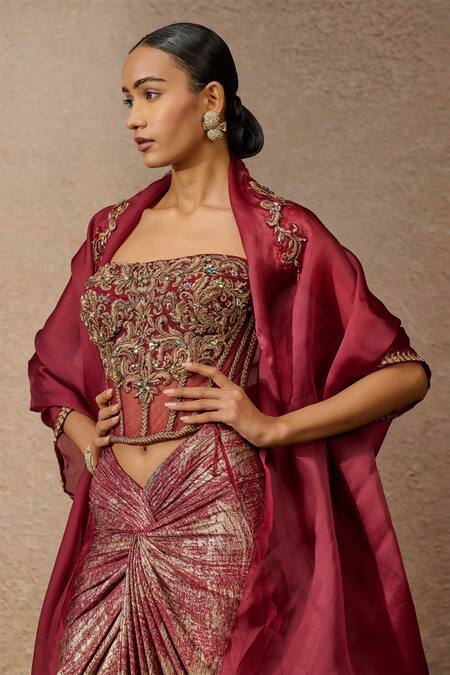 Tarun Tahiliani_Wine Tulle, Jersey Zari, Crystals Embellished Cape Skirt Set _Online_at_Aza_Fashions