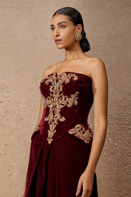 Tarun Tahiliani_Wine Velvet Embroidery Zari Thread Crystal Embellished Corset And Trouser Set _Online_at_Aza_Fashions