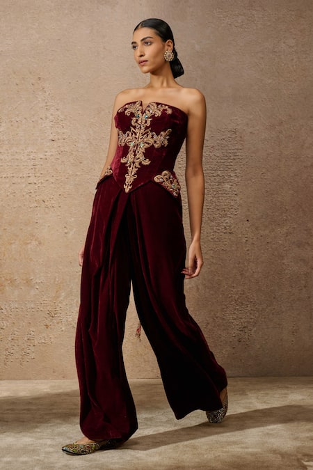 Buy_Tarun Tahiliani_Wine Velvet Embroidery Zari Thread Crystal Embellished Corset And Trouser Set _Online_at_Aza_Fashions