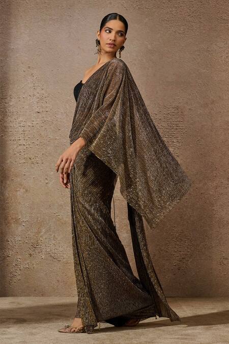 Buy_Tarun Tahiliani_Gold Tulle, Crepe Sequins, Pre-draped Concept Saree With Embellished Bustier _Online_at_Aza_Fashions