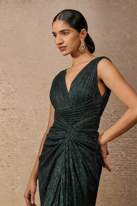 Tarun Tahiliani Emerald Green Crinkle Plain V Neck Draped Dress Online at Aza Fashions Tarun Tahiliani_Emerald Green Crinkle Plain V Neck Draped Dress _Online_at_Aza_Fashions