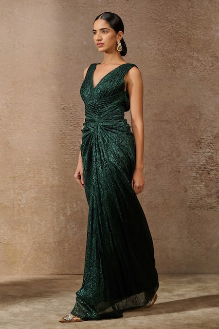 Buy Tarun Tahiliani Emerald Green Crinkle Plain V Neck Draped Dress Online at Aza Fashions Buy_Tarun Tahiliani_Emerald Green Crinkle Plain V Neck Draped Dress _Online_at_Aza_Fashions