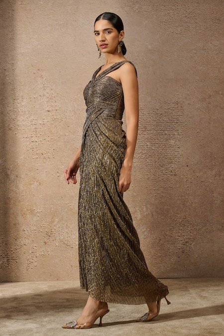 Buy_Tarun Tahiliani_Gold Crepe Halter Neck Crinkled Draped Dress _Online_at_Aza_Fashions