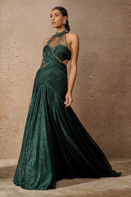 Buy_Tarun Tahiliani_Emerald Green Crepe, Tulle Crystals, Metallic Thread Embellished Sculpted Gown _Online_at_Aza_Fashions