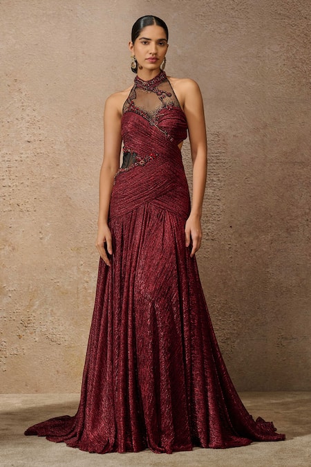 Tarun Tahiliani Crystal Neckline Embellished Sculpted Gown 