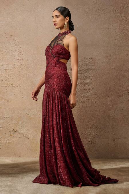 Buy_Tarun Tahiliani_Wine Crystals, Metallic Thread Halter Neck Neckline Embellished Sculpted Gown _Online_at_Aza_Fashions