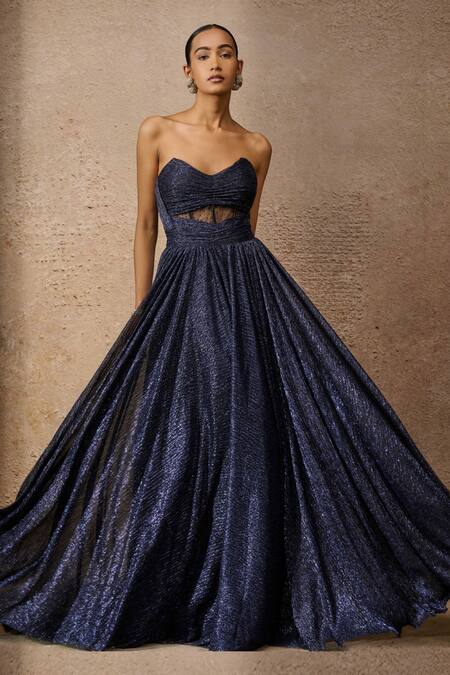 Buy_Tarun Tahiliani_Blue Crepe Studs Sweetheart Neck Crinkle Corset Gown _Online_at_Aza_Fashions
