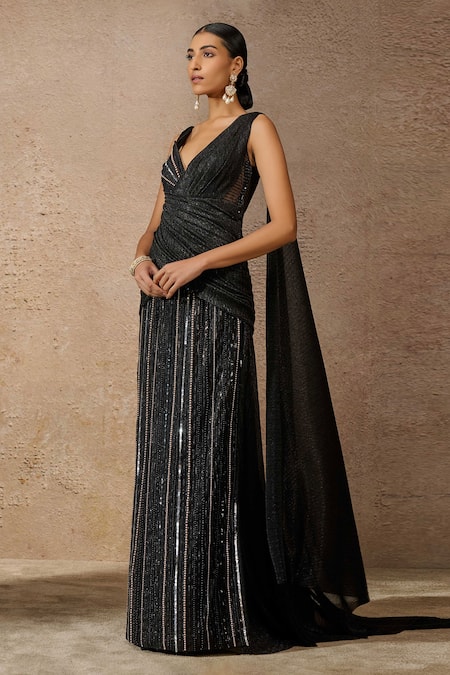 Buy_Tarun Tahiliani_Black Tulle Sequins, Cut Work V-neck Stripe Embroidered Draped Gown _Online_at_Aza_Fashions
