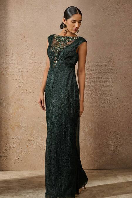 Tarun Tahiliani_Emerald Green Crepe Crystals Boat Neck Embellished Jumpsuit _Online_at_Aza_Fashions