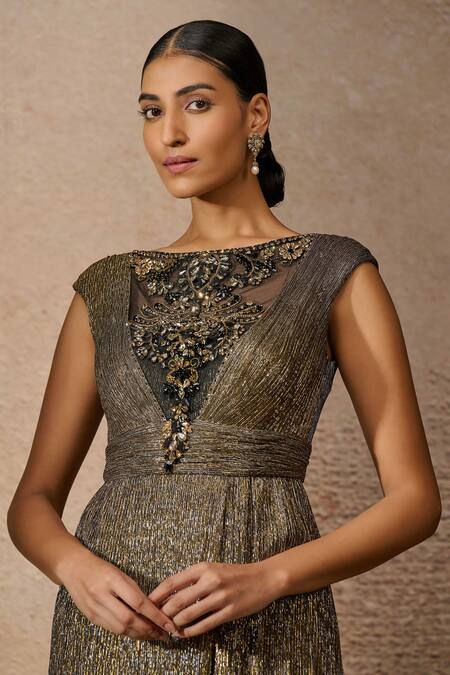 Tarun Tahiliani_Gold Crepe Crystals Boat Neck Neckline Embellished Jumpsuit _Online_at_Aza_Fashions