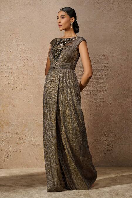 Buy_Tarun Tahiliani_Gold Crepe Crystals Boat Neck Neckline Embellished Jumpsuit _Online_at_Aza_Fashions
