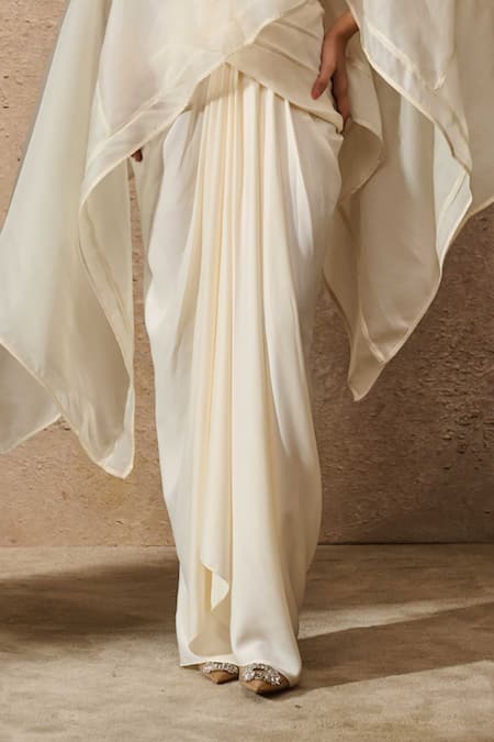 Tarun Tahiliani Ivory Satin, Jersey Asymmetric Organza Kaftan Top Skirt Set Online at Aza Fashions Tarun Tahiliani_Ivory Satin, Jersey Asymmetric Organza Kaftan Top Skirt Set _Online_at_Aza_Fashions