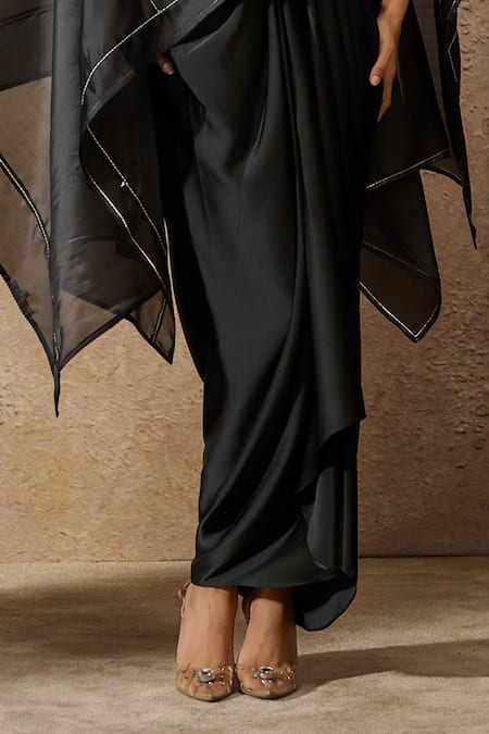 Tarun Tahiliani Black Satin, Jersey Asymmetric Organza Short Kaftan Top Skirt Set Online at Aza Fashions Tarun Tahiliani_Black Satin, Jersey Asymmetric Organza Short Kaftan Top Skirt Set _Online_at_Aza_Fashions