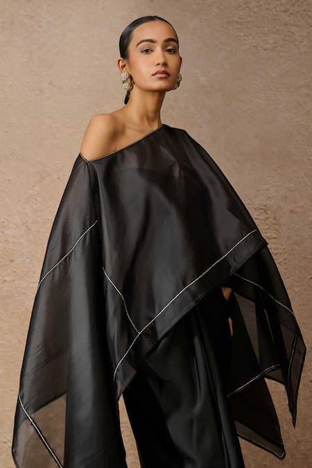 Shop Tarun Tahiliani Black Satin, Jersey Asymmetric Organza Short Kaftan Top Skirt Set Online at Aza Fashions Shop_Tarun Tahiliani_Black Satin, Jersey Asymmetric Organza Short Kaftan Top Skirt Set _Online_at_Aza_Fashions