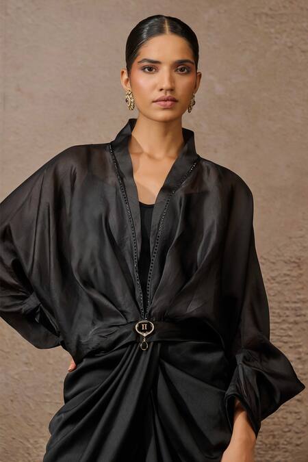 Tarun Tahiliani_Black Satin, Organza Studs Shawl Neck Metallic Embellished Top Trouser Set _Online_at_Aza_Fashions