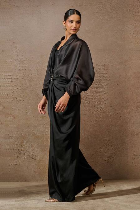 Buy_Tarun Tahiliani_Black Satin, Organza Studs Shawl Neck Metallic Embellished Top Trouser Set _Online_at_Aza_Fashions