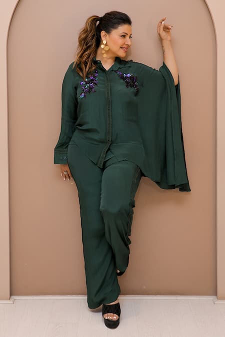 Mehak Murpana Green Crepe Embroidered Sequin Shirt Collar Placement Crop With Cargo Pant 