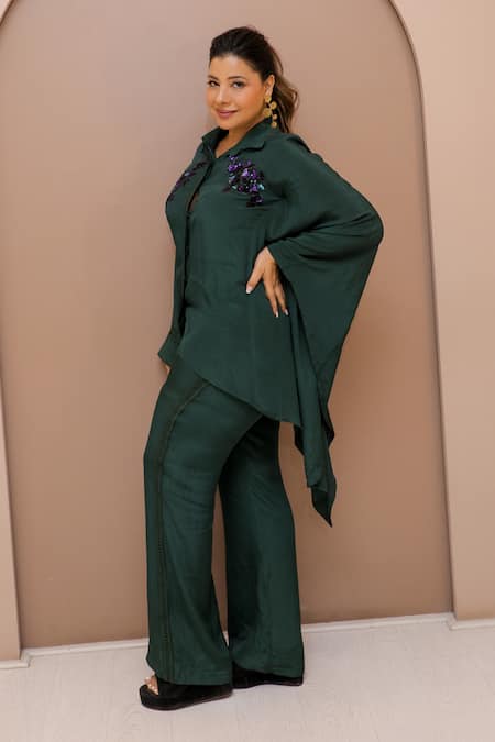 Mehak Murpana Green Crepe Sequins Shawl Neck Embroidered Placement Crop Shirt With Cargo Pant at Aza Fashions Mehak Murpana_Green Crepe Sequins Shawl Neck Embroidered Placement Crop Shirt With Cargo Pant _at_Aza_Fashions
