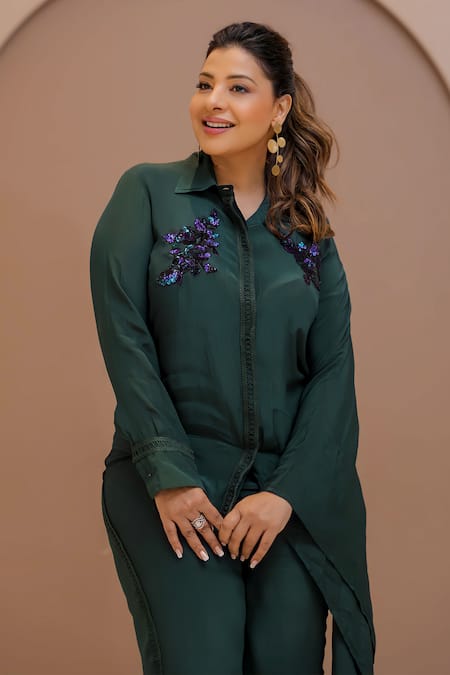 Buy Mehak Murpana Green Crepe Sequins Shawl Neck Embroidered Placement Crop Shirt With Cargo Pant Buy_Mehak Murpana_Green Crepe Sequins Shawl Neck Embroidered Placement Crop Shirt With Cargo Pant