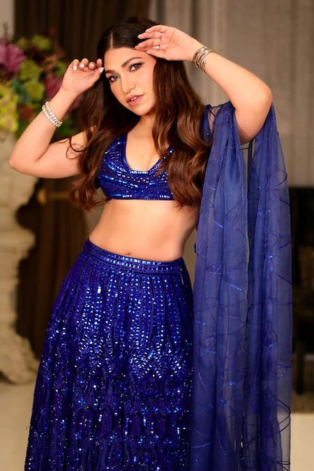 Shop_Mehak Murpana_Blue Crepe, Dupatta Organza, Lining Butter Embroidered Bridal Lehenga Set