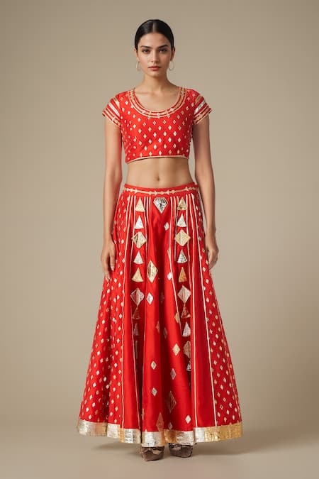 Buy Gulabo By Abu Sandeep Red Modal, Chanderi Gota Patti Geometric Lace Work Lehenga Online at Aza Fashions Buy_Gulabo By Abu Sandeep_Red Modal, Chanderi Gota Patti Geometric Lace Work Lehenga _Online_at_Aza_Fashions