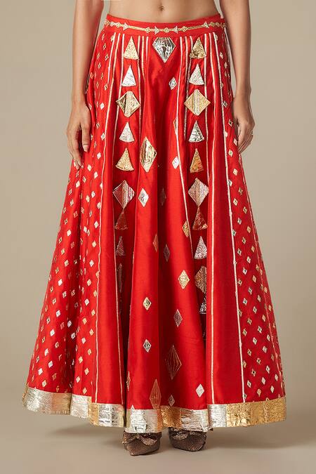 Gulabo By Abu Sandeep Red Modal, Chanderi Gota Patti Geometric Lace Work Lehenga at Aza Fashions Gulabo By Abu Sandeep_Red Modal, Chanderi Gota Patti Geometric Lace Work Lehenga _at_Aza_Fashions