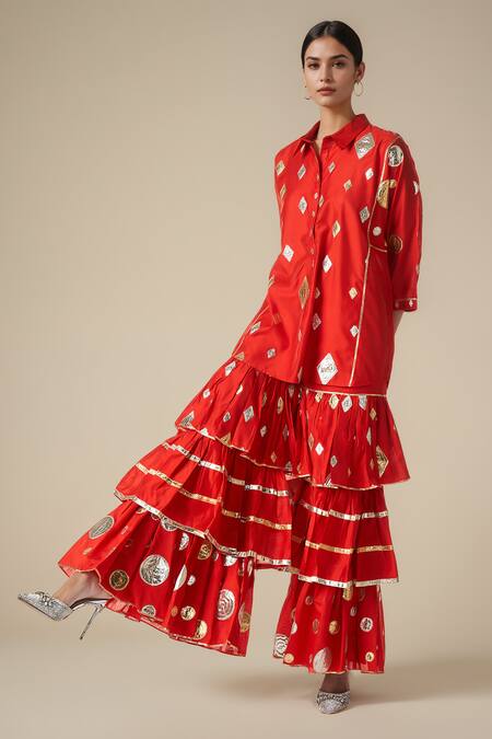 Gulabo By Abu Sandeep Red Chanderi, Modal Gota Patti Collared Lace Work Kurta With Gharara at Aza Fashions Gulabo By Abu Sandeep_Red Chanderi, Modal Gota Patti Collared Lace Work Kurta With Gharara _at_Aza_Fashions