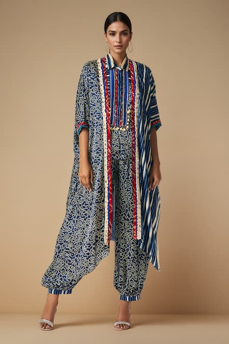 Gulabo By Abu Sandeep_Blue Modal Satin Printed Bandhani Collared Shirt _at_Aza_Fashions