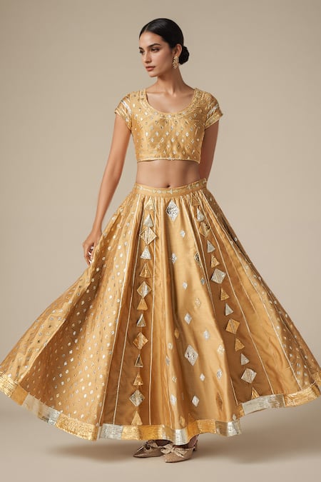 Gulabo by Abu Sandeep Beige Modal Chanderi Embroidered Gota Lace Lehenga 