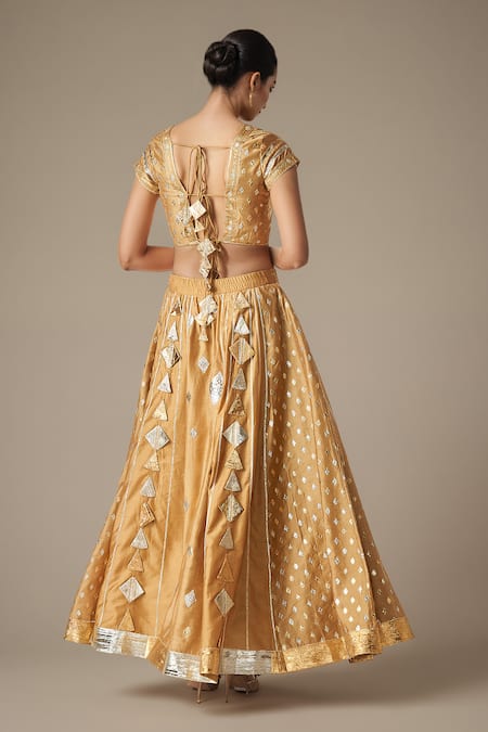 Shop Gulabo By Abu Sandeep Beige Modal, Chanderi Gota Patti Lace Embroidered Lehenga at Aza Fashions Shop_Gulabo By Abu Sandeep_Beige Modal, Chanderi Gota Patti Lace Embroidered Lehenga _at_Aza_Fashions