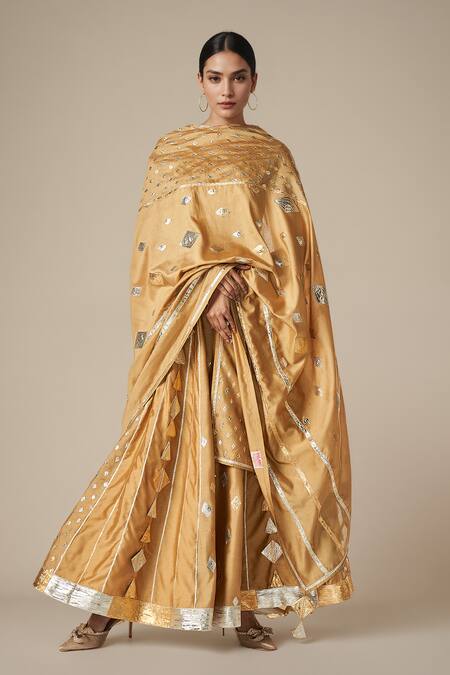 Gulabo By Abu Sandeep Beige Modal, Chanderi Gota Patti Lace Embroidered Lehenga Online at Aza Fashions Gulabo By Abu Sandeep_Beige Modal, Chanderi Gota Patti Lace Embroidered Lehenga _Online_at_Aza_Fashions