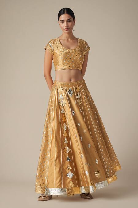 Buy Gulabo By Abu Sandeep Beige Modal, Chanderi Gota Patti Lace Embroidered Lehenga Online at Aza Fashions Buy_Gulabo By Abu Sandeep_Beige Modal, Chanderi Gota Patti Lace Embroidered Lehenga _Online_at_Aza_Fashions