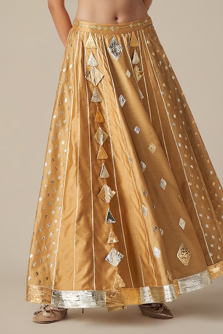 Shop Gulabo By Abu Sandeep Beige Modal, Chanderi Gota Patti Lace Embroidered Lehenga Online at Aza Fashions Shop_Gulabo By Abu Sandeep_Beige Modal, Chanderi Gota Patti Lace Embroidered Lehenga _Online_at_Aza_Fashions