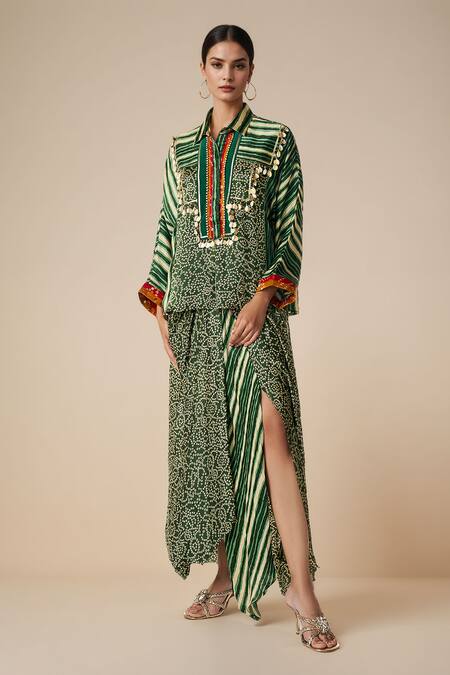 Shop_Gulabo By Abu Sandeep_Green Modal Satin Printed Bandhani Collared Embellished Yoke Shirt _Online_at_Aza_Fashions