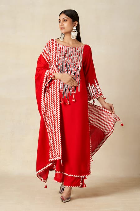 Buy Gulabo By Abu Sandeep Red Rayon Embroidered Metallic Applique Round Geometric Yoke Kurta Buy_Gulabo By Abu Sandeep_Red Rayon Embroidered Metallic Applique Round Geometric Yoke Kurta