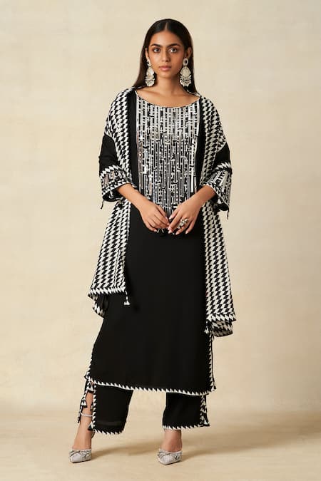 Buy_Gulabo By Abu Sandeep_Black Rayon Embroidery Round Neck Geometric Applique Work Kurta 