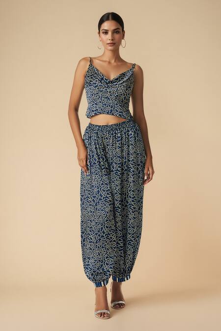 Buy_Gulabo By Abu Sandeep_Blue Modal Satin Print Bandhani Cowl Neck Crop Blouse _Online_at_Aza_Fashions