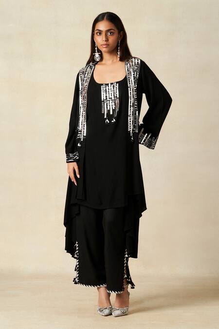 Buy_Gulabo By Abu Sandeep_Black Rayon Metallic Thread Scoop Neck Applique Work Coat With Tunic 