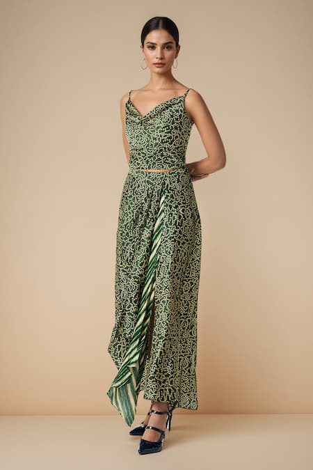 Buy_Gulabo By Abu Sandeep_Green Modal Satin Print Bandhani Cowl Neck Crop Blouse _Online_at_Aza_Fashions