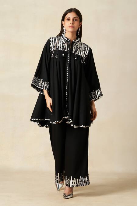 Shop_Gulabo By Abu Sandeep_Black Rayon Metallic Thread, Embroidery Geometric Pattern Tunic With Pant 