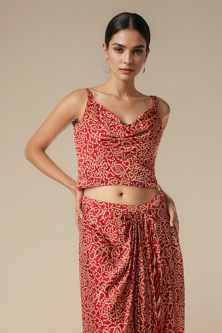 Gulabo By Abu Sandeep Red Modal Satin Print Bandhani Cowl Neck Bandhej Crop Blouse 