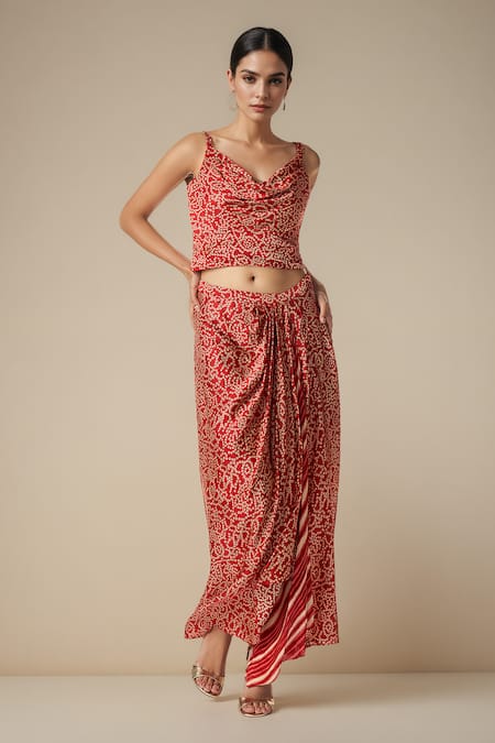 Gulabo By Abu Sandeep_Red Modal Satin Print Bandhani Cowl Neck Bandhej Crop Blouse _Online_at_Aza_Fashions