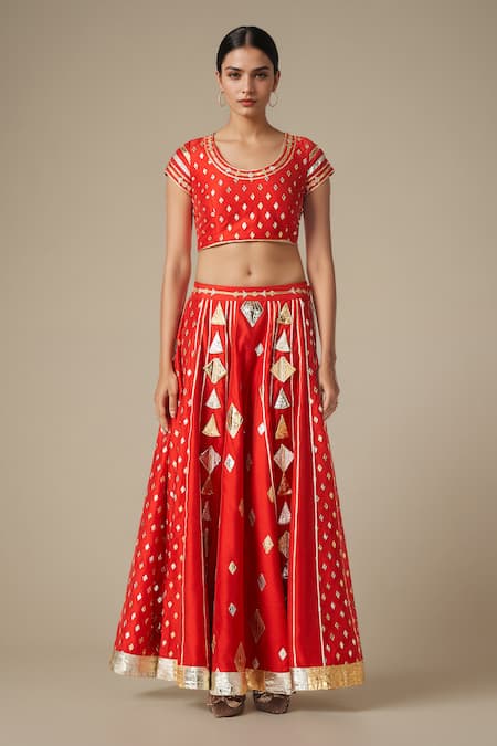 Gulabo by Abu Sandeep Red Modal Chanderi Embroidered Gota Lace Round Geometric Work Blouse 