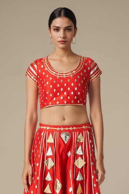 Buy Gulabo By Abu Sandeep Red Modal Chanderi Embroidered Gota Lace Round Geometric Work Blouse Online at Aza Fashions Buy_Gulabo By Abu Sandeep_Red Modal Chanderi Embroidered Gota Lace Round Geometric Work Blouse _Online_at_Aza_Fashions