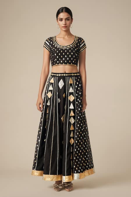 Gulabo By Abu Sandeep_Black Modal Chanderi Embroidered Gota Lace Round Geometric Work Blouse _Online_at_Aza_Fashions