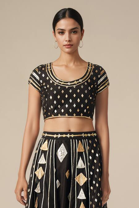 Buy_Gulabo By Abu Sandeep_Black Modal Chanderi Embroidered Gota Lace Round Geometric Work Blouse _Online_at_Aza_Fashions