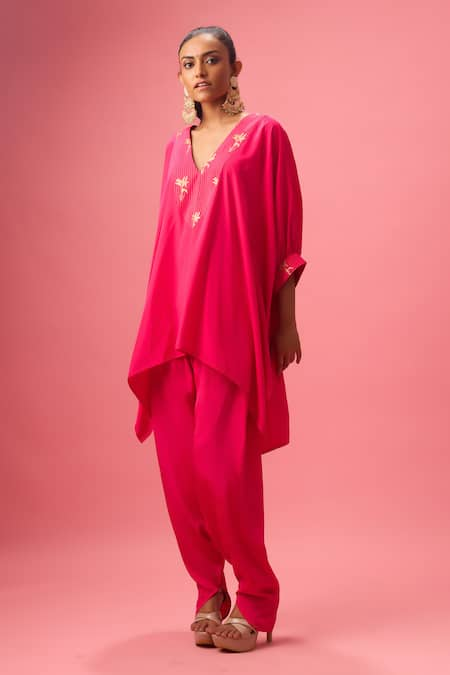 Nikasha Pink 100% Pure Silk Crepe Foil Printed Thread V Neck Yoke Kurta And Salwar Set 