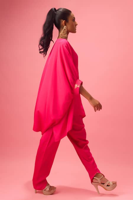 Shop_Nikasha_Pink Silk Embroidery, Foil Printing V-neck Yoke Kurta And Salwar Set _at_Aza_Fashions