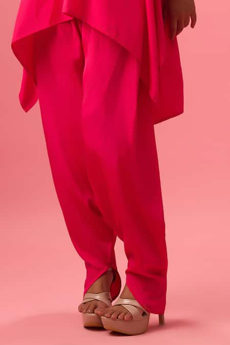 Nikasha_Pink Silk Embroidery, Foil Printing V-neck Yoke Kurta And Salwar Set _Online_at_Aza_Fashions