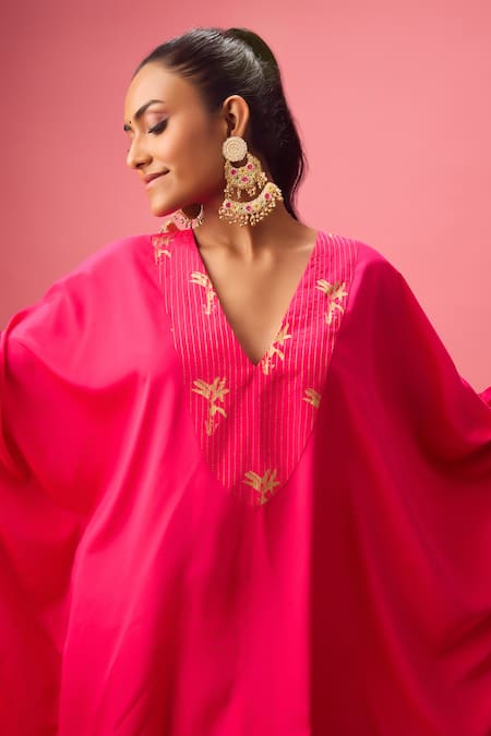 Buy_Nikasha_Pink Silk Embroidery, Foil Printing V-neck Yoke Kurta And Salwar Set _Online_at_Aza_Fashions